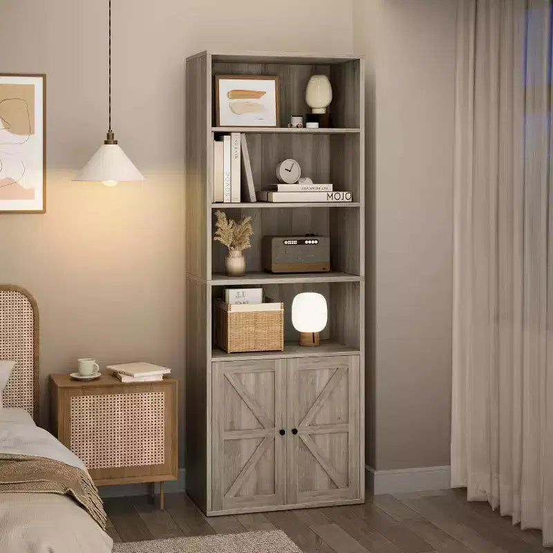 Étagère de bibliothèque de 181,4 cm de haut de style ferme avec portes, étagères de rangement de 30 cm de profondeur, bibliothèques industrielles, étagères en bois à 6 niveaux pour la maison et le bureau