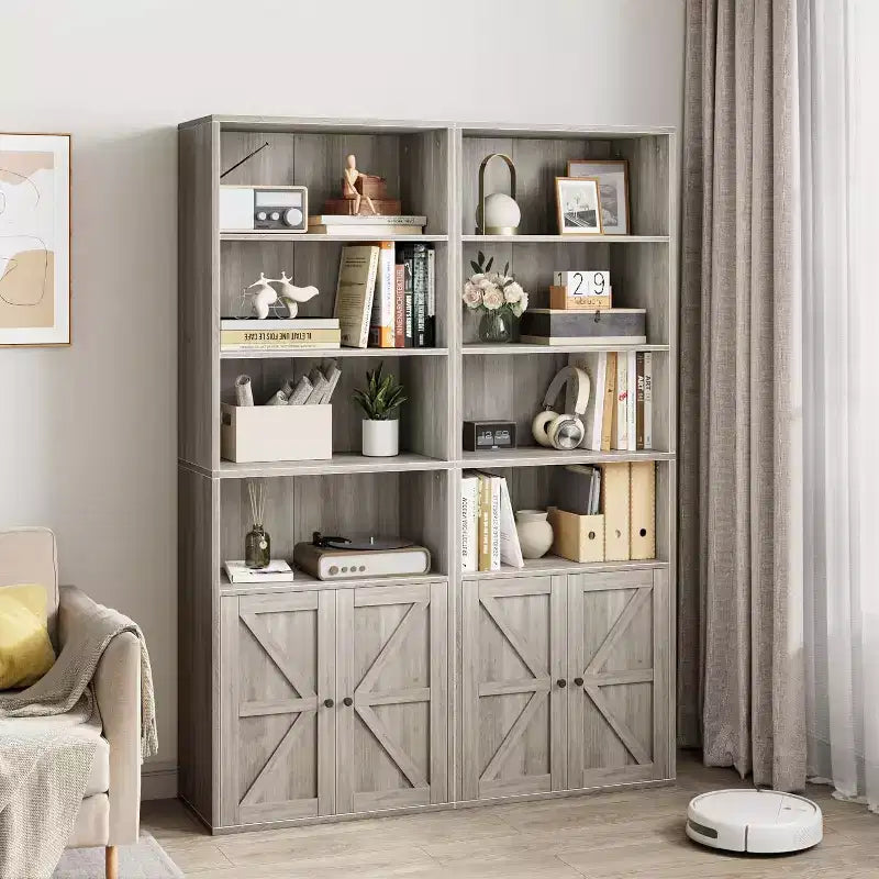 Étagère de bibliothèque de 181,4 cm de haut de style ferme avec portes, étagères de rangement de 30 cm de profondeur, bibliothèques industrielles, étagères en bois à 6 niveaux pour la maison et le bureau