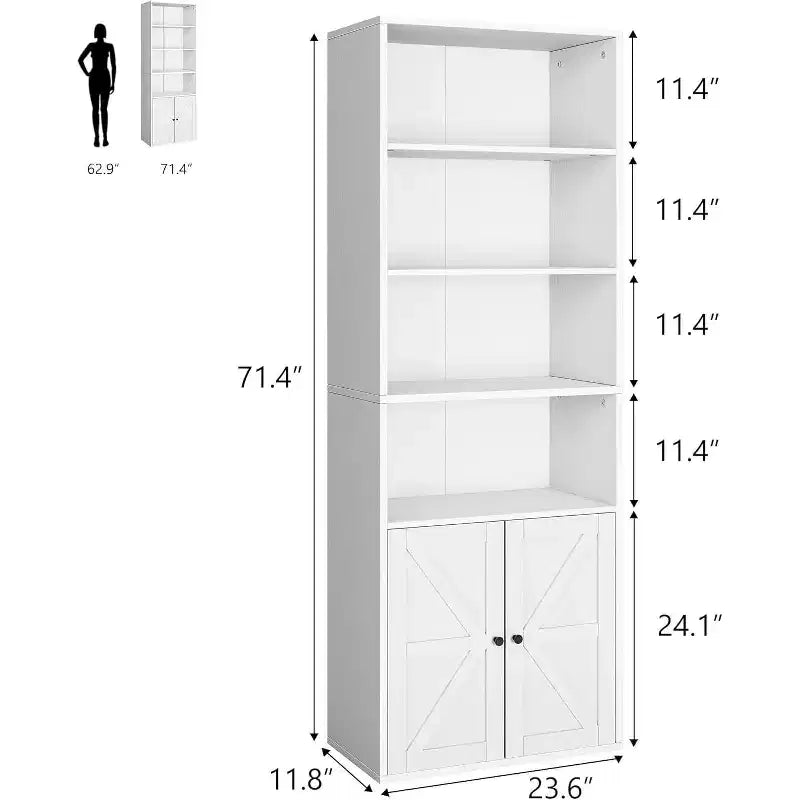 Étagère de bibliothèque de 181,4 cm de haut de style ferme avec portes, étagères de rangement de 30 cm de profondeur, bibliothèques industrielles, étagères en bois à 6 niveaux pour la maison et le bureau