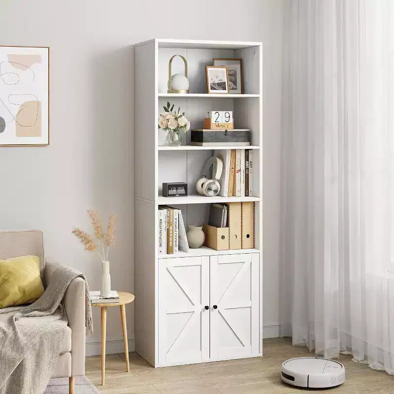 Étagère de bibliothèque de 181,4 cm de haut de style ferme avec portes, étagères de rangement de 30 cm de profondeur, bibliothèques industrielles, étagères en bois à 6 niveaux pour la maison et le bureau