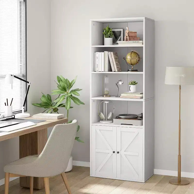 Étagère de bibliothèque de 181,4 cm de haut de style ferme avec portes, étagères de rangement de 30 cm de profondeur, bibliothèques industrielles, étagères en bois à 6 niveaux pour la maison et le bureau