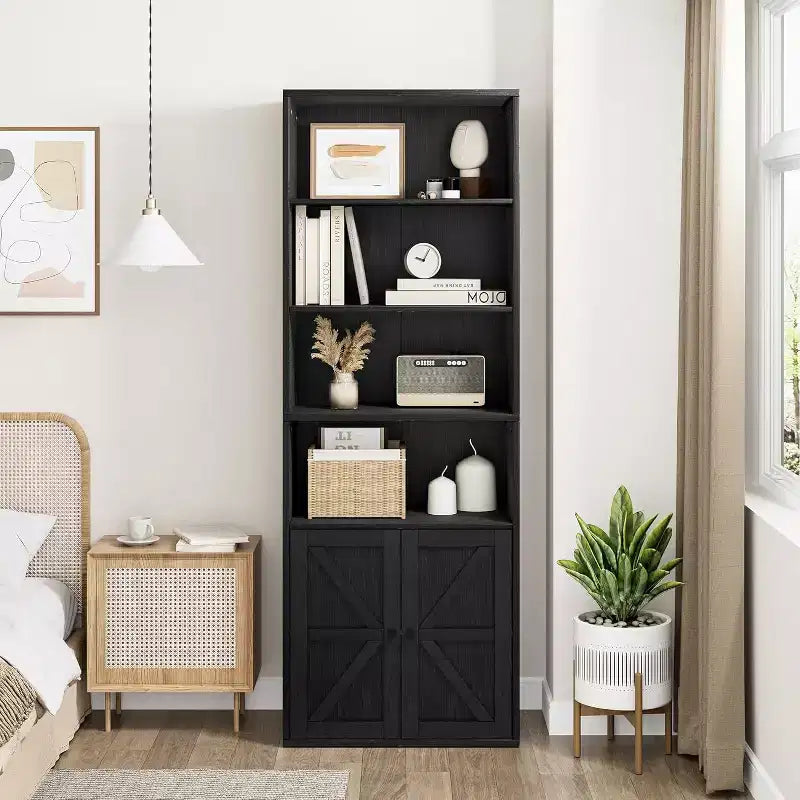 Étagère de bibliothèque de 181,4 cm de haut de style ferme avec portes, étagères de rangement de 30 cm de profondeur, bibliothèques industrielles, étagères en bois à 6 niveaux pour la maison et le bureau