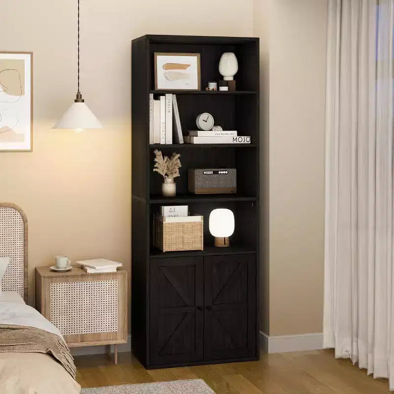 Étagère de bibliothèque de 181,4 cm de haut de style ferme avec portes, étagères de rangement de 30 cm de profondeur, bibliothèques industrielles, étagères en bois à 6 niveaux pour la maison et le bureau