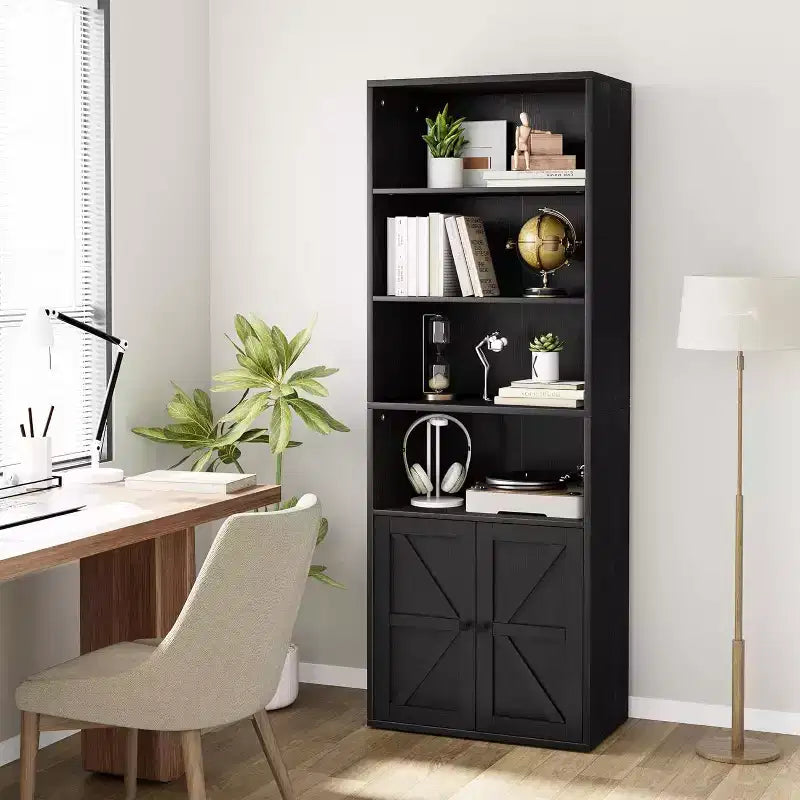 Étagère de bibliothèque de 181,4 cm de haut de style ferme avec portes, étagères de rangement de 30 cm de profondeur, bibliothèques industrielles, étagères en bois à 6 niveaux pour la maison et le bureau