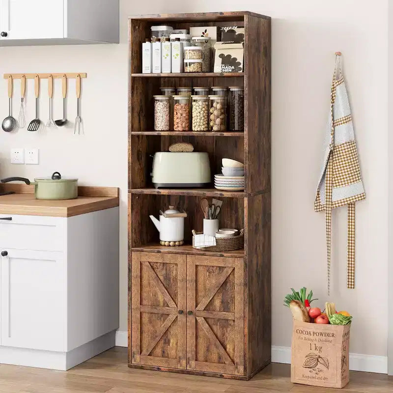 Étagère de bibliothèque de 181,4 cm de haut de style ferme avec portes, étagères de rangement de 30 cm de profondeur, bibliothèques industrielles, étagères en bois à 6 niveaux pour la maison et le bureau