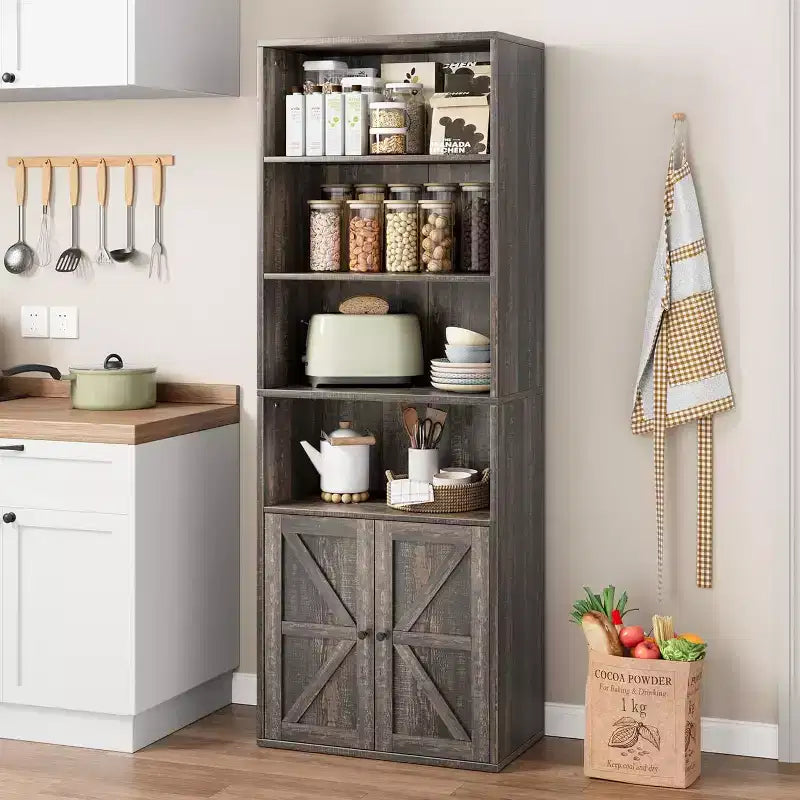 Étagère de bibliothèque de 181,4 cm de haut de style ferme avec portes, étagères de rangement de 30 cm de profondeur, bibliothèques industrielles, étagères en bois à 6 niveaux pour la maison et le bureau