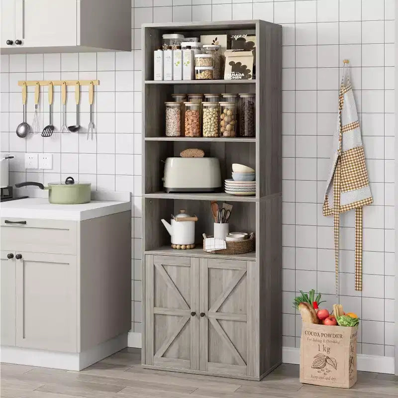 Étagère de bibliothèque de 181,4 cm de haut de style ferme avec portes, étagères de rangement de 30 cm de profondeur, bibliothèques industrielles, étagères en bois à 6 niveaux pour la maison et le bureau