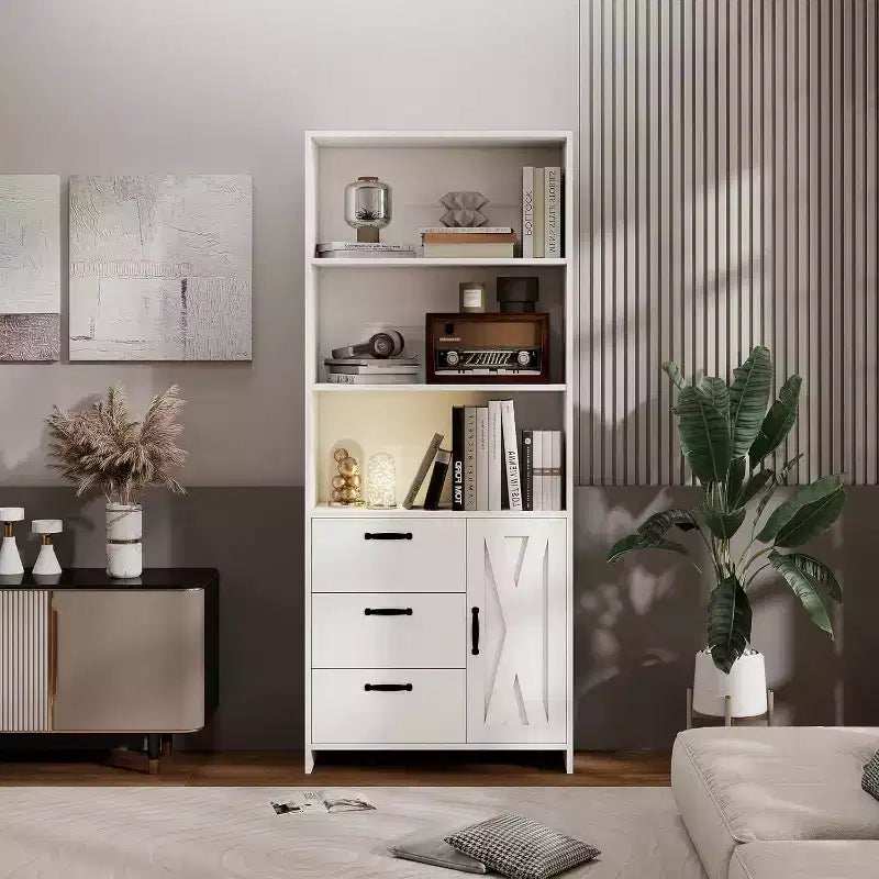Bibliothèque à 6 niveaux avec porte et 3 tiroirs, étagère haute de 180 cm avec 3 étagères ouvertes, bibliothèque en bois avec armoire de rangement pour la maison ou le bureau