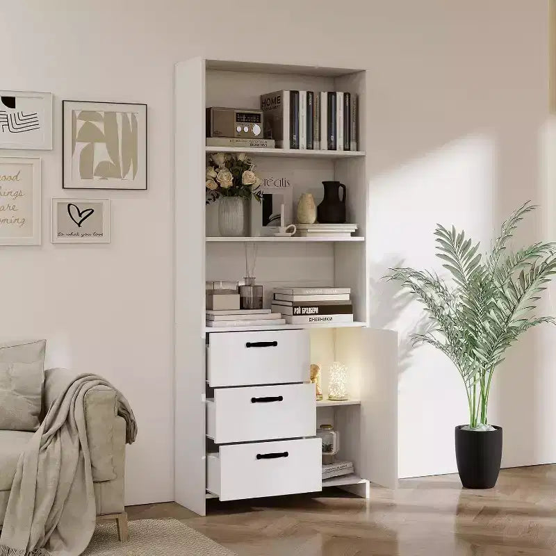Bibliothèque à 6 niveaux avec porte et 3 tiroirs, étagère haute de 180 cm avec 3 étagères ouvertes, bibliothèque en bois avec armoire de rangement pour la maison ou le bureau