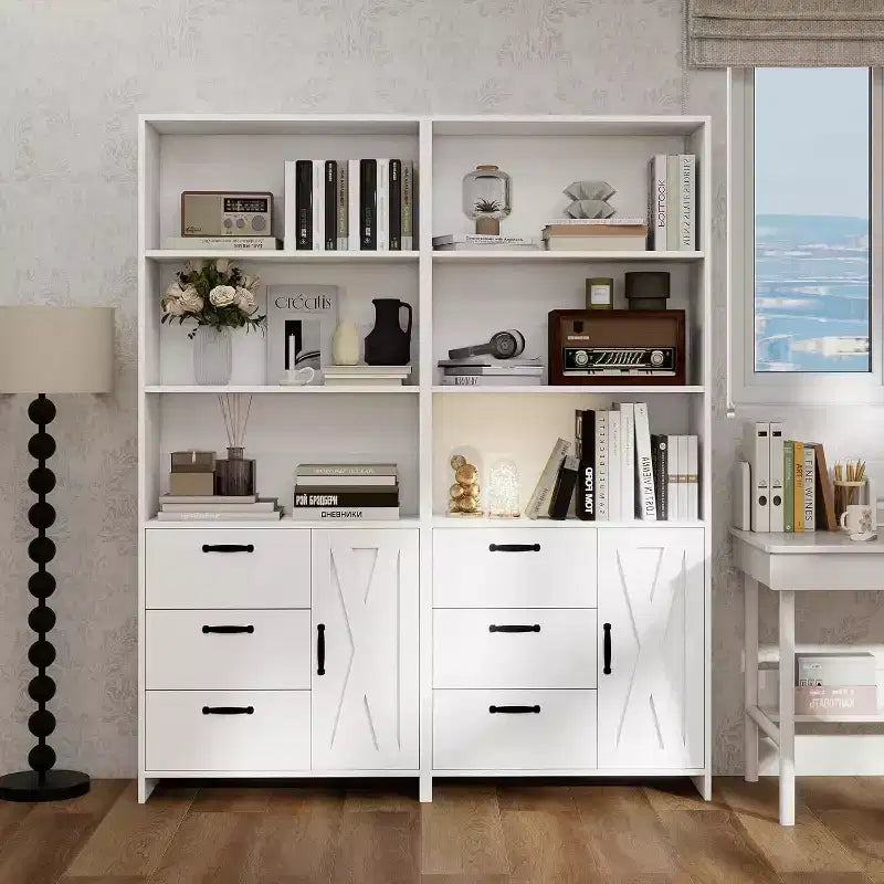Bibliothèque à 6 niveaux avec porte et 3 tiroirs, étagère haute de 180 cm avec 3 étagères ouvertes, bibliothèque en bois avec armoire de rangement pour la maison ou le bureau