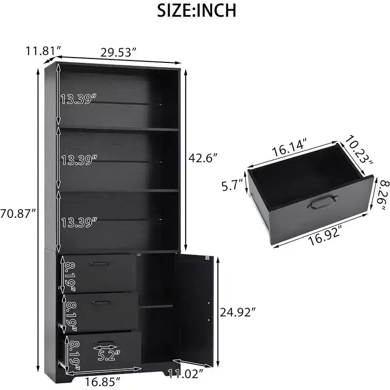 Bibliothèque à 6 niveaux avec porte et 3 tiroirs, étagère haute de 180 cm avec 3 étagères ouvertes, bibliothèque en bois avec armoire de rangement pour la maison ou le bureau