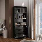 Bibliothèque à 6 niveaux avec porte et 3 tiroirs, étagère haute de 180 cm avec 3 étagères ouvertes, bibliothèque en bois avec armoire de rangement pour la maison ou le bureau