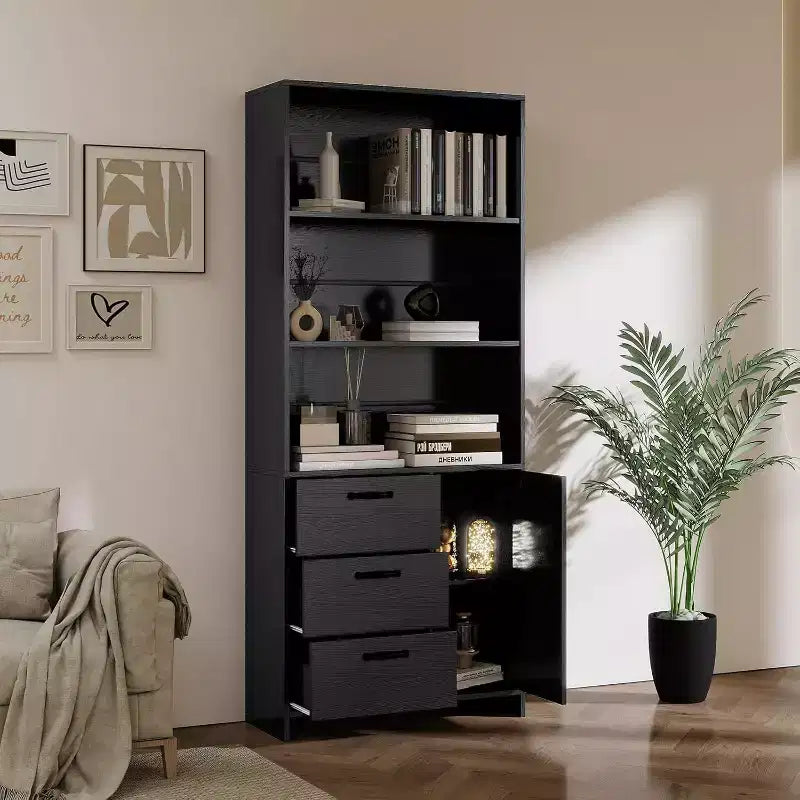 Bibliothèque à 6 niveaux avec porte et 3 tiroirs, étagère haute de 180 cm avec 3 étagères ouvertes, bibliothèque en bois avec armoire de rangement pour la maison ou le bureau