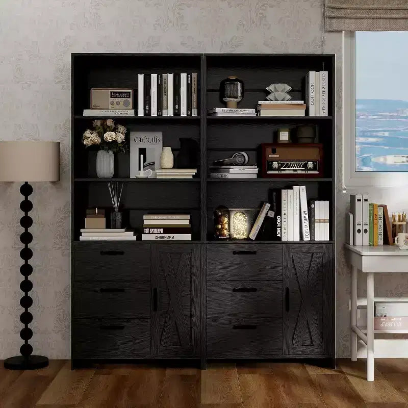 Bibliothèque à 6 niveaux avec porte et 3 tiroirs, étagère haute de 180 cm avec 3 étagères ouvertes, bibliothèque en bois avec armoire de rangement pour la maison ou le bureau
