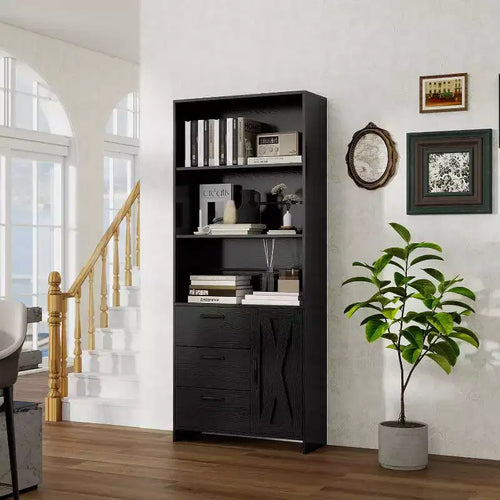 6-Tier Bookshelf with Door and 3 Drawers, 71 H Tall Bookcase with 3-Tier Open Shelves, Wooden Book Shelf w/Storage Cabinet for Home Office