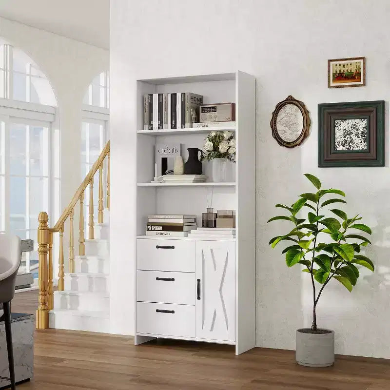 Bibliothèque à 6 niveaux avec porte et 3 tiroirs, étagère haute de 180 cm avec 3 étagères ouvertes, bibliothèque en bois avec armoire de rangement pour la maison ou le bureau
