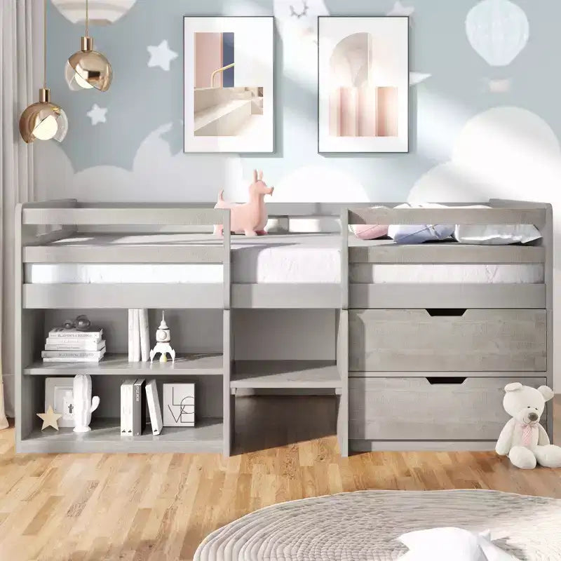 Lit mezzanine simple avec tiroirs de rangement, lit mezzanine bas en bois avec deux étagères pour enfants