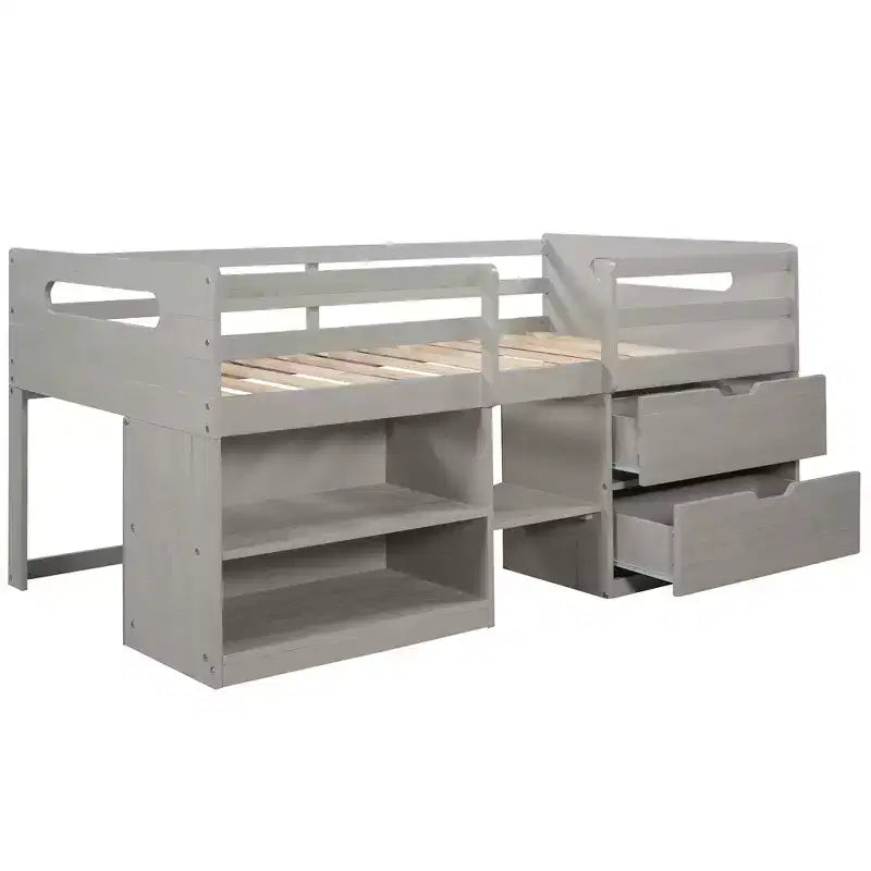 Lit mezzanine simple avec tiroirs de rangement, lit mezzanine bas en bois avec deux étagères pour enfants