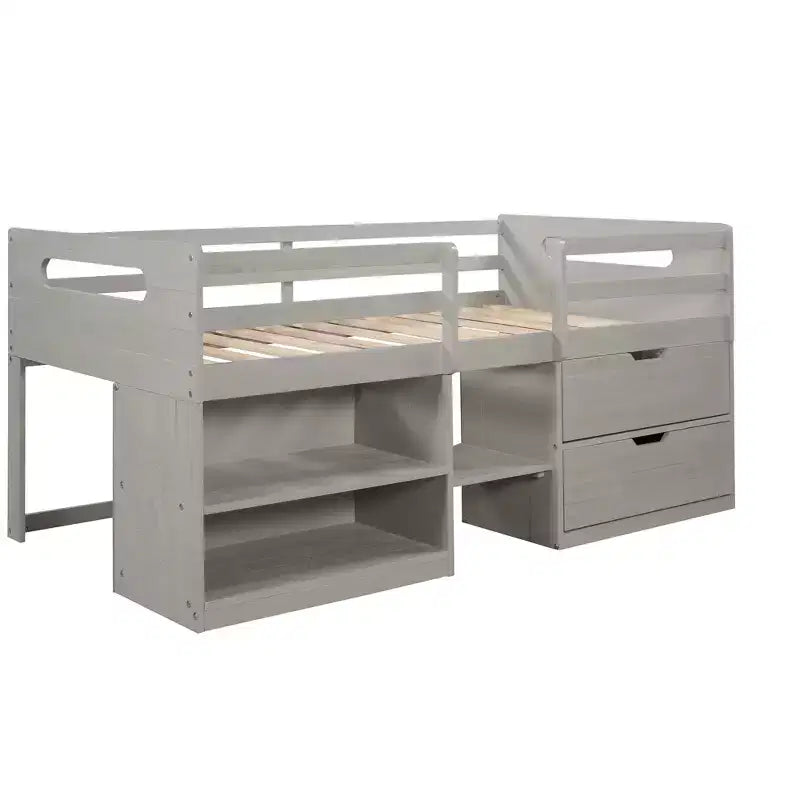 Lit mezzanine simple avec tiroirs de rangement, lit mezzanine bas en bois avec deux étagères pour enfants