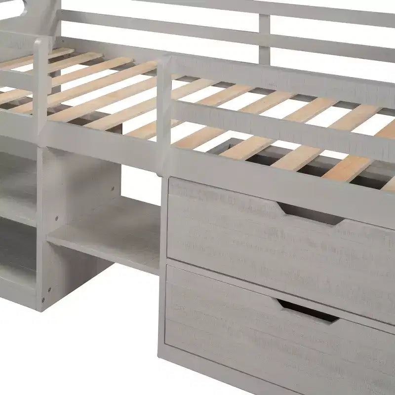 Lit mezzanine simple avec tiroirs de rangement, lit mezzanine bas en bois avec deux étagères pour enfants