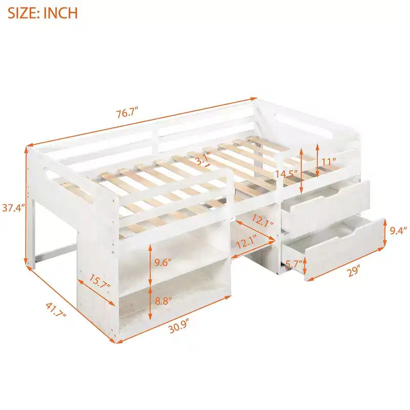Lit mezzanine simple avec tiroirs de rangement, lit mezzanine bas en bois avec deux étagères pour enfants