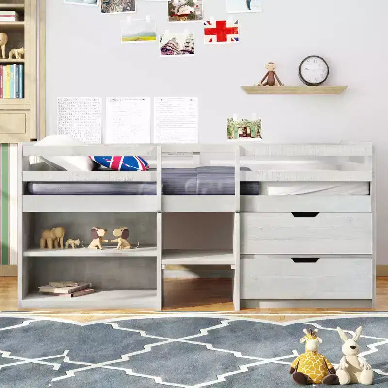 Lit mezzanine simple avec tiroirs de rangement, lit mezzanine bas en bois avec deux étagères pour enfants