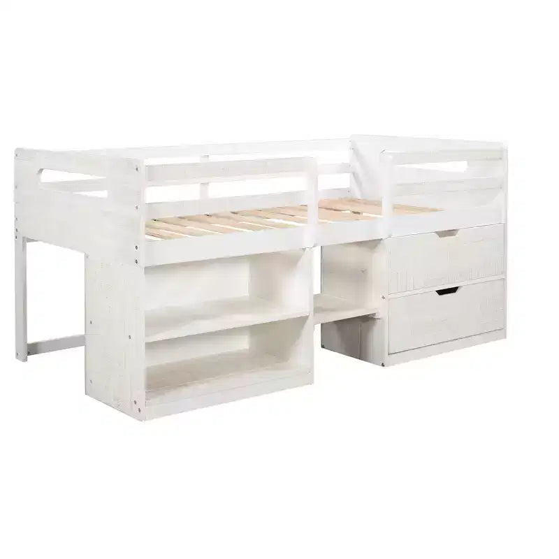 Lit mezzanine simple avec tiroirs de rangement, lit mezzanine bas en bois avec deux étagères pour enfants