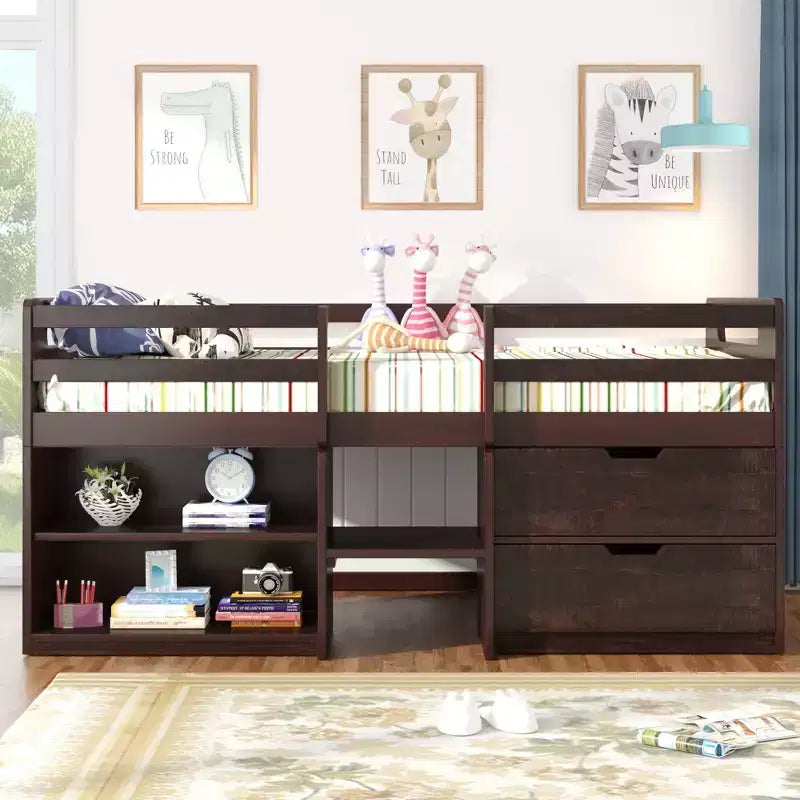 Lit mezzanine simple avec tiroirs de rangement, lit mezzanine bas en bois avec deux étagères pour enfants