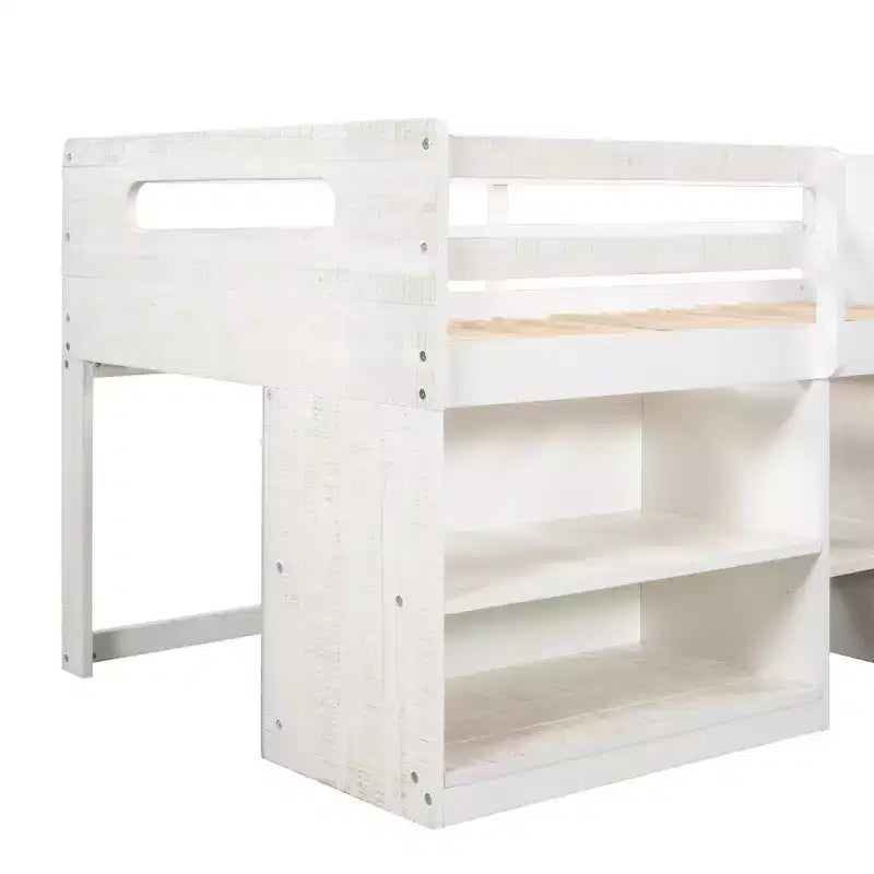 Lit mezzanine simple avec tiroirs de rangement, lit mezzanine bas en bois avec deux étagères pour enfants