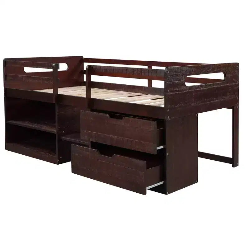 Lit mezzanine simple avec tiroirs de rangement, lit mezzanine bas en bois avec deux étagères pour enfants