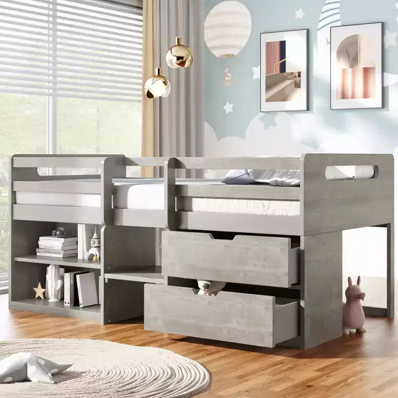 Lit mezzanine simple avec tiroirs de rangement, lit mezzanine bas en bois avec deux étagères pour enfants