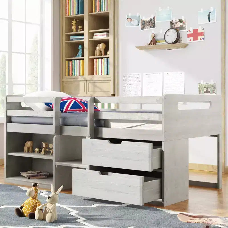 Lit mezzanine simple avec tiroirs de rangement, lit mezzanine bas en bois avec deux étagères pour enfants