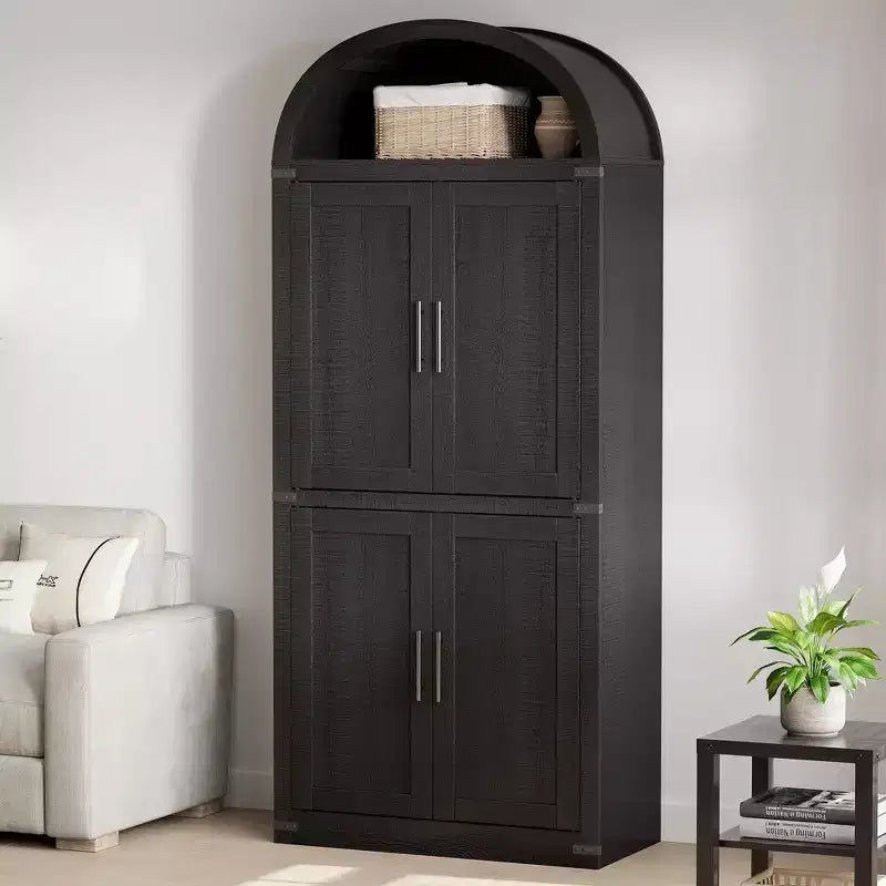 Grand meuble de garde-manger de cuisine arqué de 71", Armoire de rangement autonome, Vitrine en bois à 5 niveaux, Bibliothèque polyvalente, Porte en verre noir
