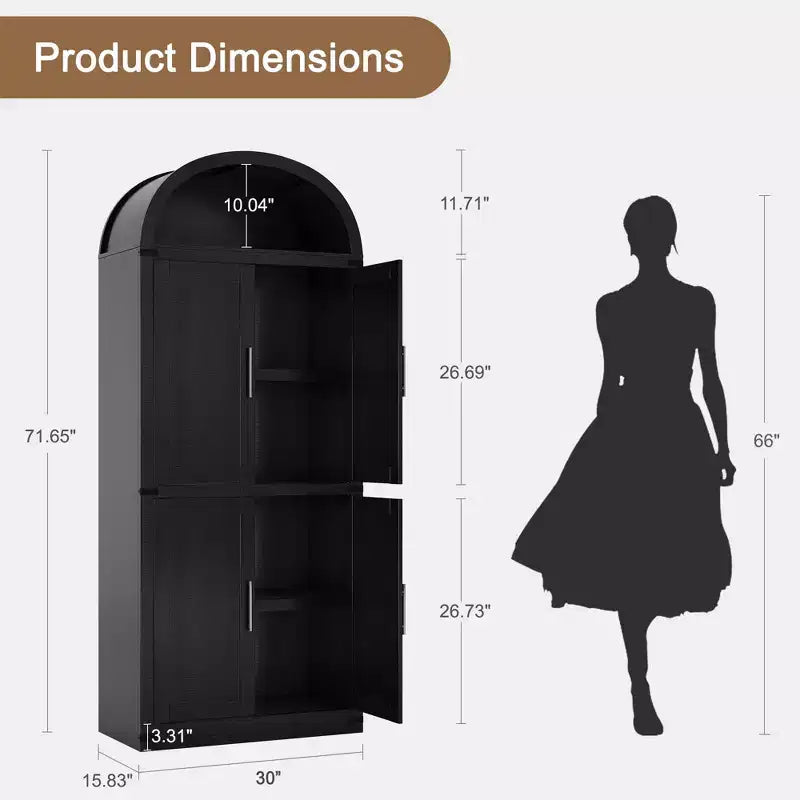 Grand meuble de garde-manger de cuisine arqué de 71", Armoire de rangement autonome, Vitrine en bois à 5 niveaux, Bibliothèque polyvalente, Porte en verre noir