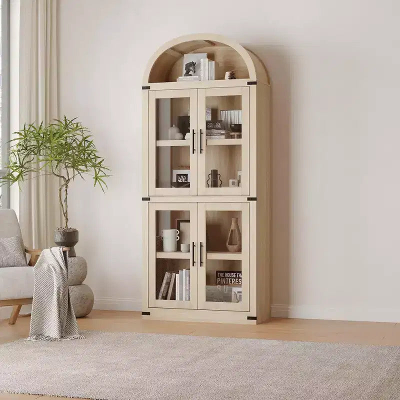Grand meuble de garde-manger de cuisine arqué de 71", Armoire de rangement autonome, Vitrine en bois à 5 niveaux, Bibliothèque polyvalente, Porte en verre noir