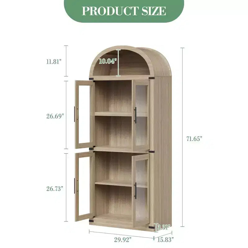 Grand meuble de garde-manger de cuisine arqué de 71", Armoire de rangement autonome, Vitrine en bois à 5 niveaux, Bibliothèque polyvalente, Porte en verre noir