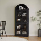 Grand meuble de garde-manger de cuisine arqué de 71", Armoire de rangement autonome, Vitrine en bois à 5 niveaux, Bibliothèque polyvalente, Porte en verre noir