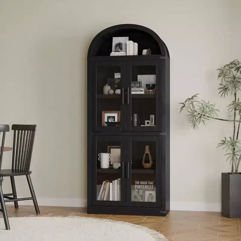 Grand meuble de garde-manger de cuisine arqué de 71", Armoire de rangement autonome, Vitrine en bois à 5 niveaux, Bibliothèque polyvalente, Porte en verre noir
