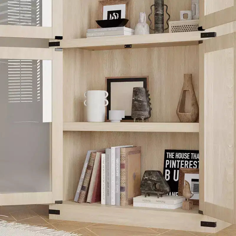 Grand meuble de garde-manger de cuisine arqué de 71", Armoire de rangement autonome, Vitrine en bois à 5 niveaux, Bibliothèque polyvalente, Porte en verre noir