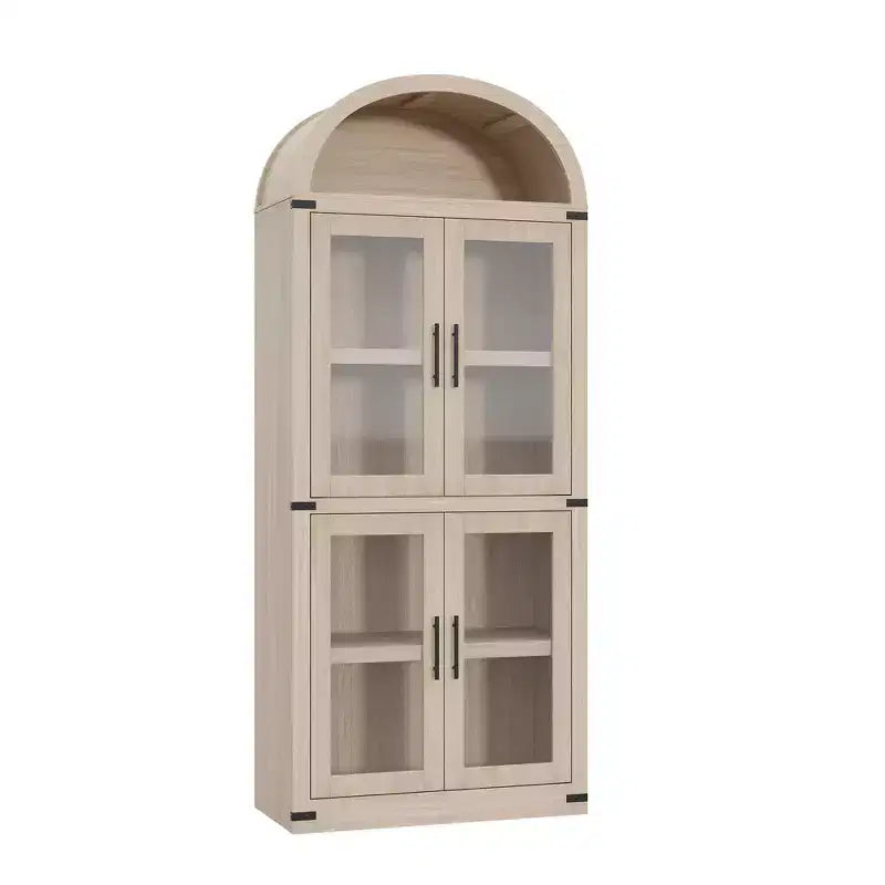 Grand meuble de garde-manger de cuisine arqué de 71", Armoire de rangement autonome, Vitrine en bois à 5 niveaux, Bibliothèque polyvalente, Porte en verre noir