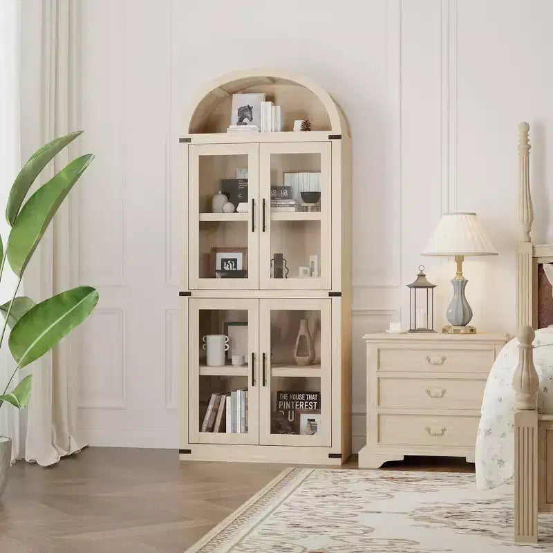 Grand meuble de garde-manger de cuisine arqué de 71", Armoire de rangement autonome, Vitrine en bois à 5 niveaux, Bibliothèque polyvalente, Porte en verre noir
