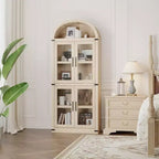 Grand meuble de garde-manger de cuisine arqué de 71", Armoire de rangement autonome, Vitrine en bois à 5 niveaux, Bibliothèque polyvalente, Porte en verre noir