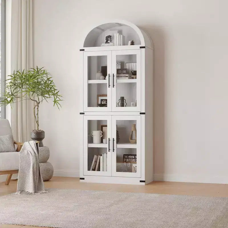 Grand meuble de garde-manger de cuisine arqué de 71", Armoire de rangement autonome, Vitrine en bois à 5 niveaux, Bibliothèque polyvalente, Porte en verre noir