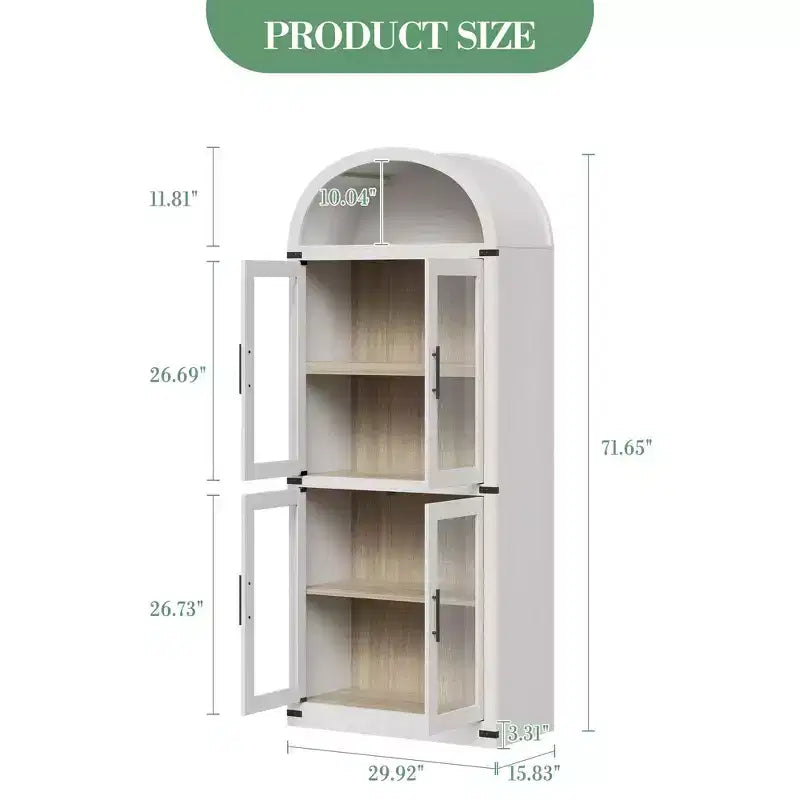 Grand meuble de garde-manger de cuisine arqué de 71", Armoire de rangement autonome, Vitrine en bois à 5 niveaux, Bibliothèque polyvalente, Porte en verre noir