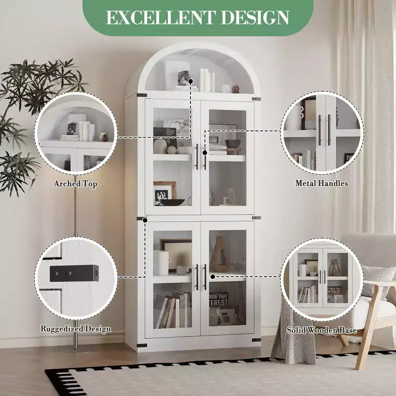 Grand meuble de garde-manger de cuisine arqué de 71", Armoire de rangement autonome, Vitrine en bois à 5 niveaux, Bibliothèque polyvalente, Porte en verre noir