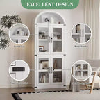 Grand meuble de garde-manger de cuisine arqué de 71", Armoire de rangement autonome, Vitrine en bois à 5 niveaux, Bibliothèque polyvalente, Porte en verre noir