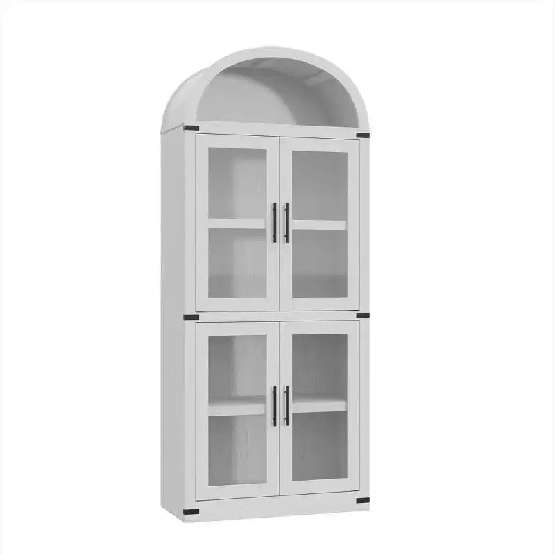 Grand meuble de garde-manger de cuisine arqué de 71", Armoire de rangement autonome, Vitrine en bois à 5 niveaux, Bibliothèque polyvalente, Porte en verre noir