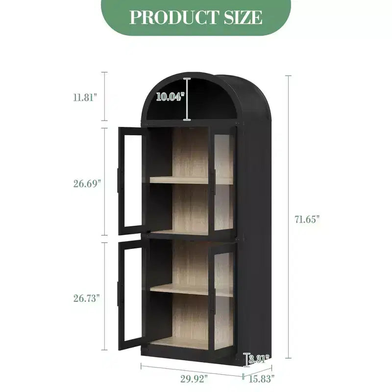 Grand meuble de garde-manger de cuisine arqué de 71", Armoire de rangement autonome, Vitrine en bois à 5 niveaux, Bibliothèque polyvalente, Porte en verre noir