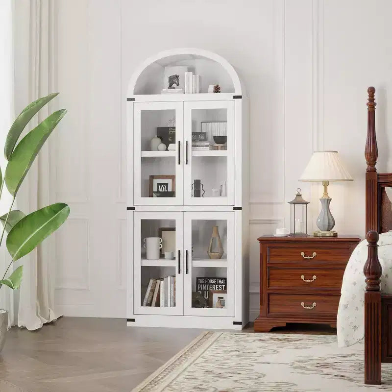 Grand meuble de garde-manger de cuisine arqué de 71", Armoire de rangement autonome, Vitrine en bois à 5 niveaux, Bibliothèque polyvalente, Porte en verre noir