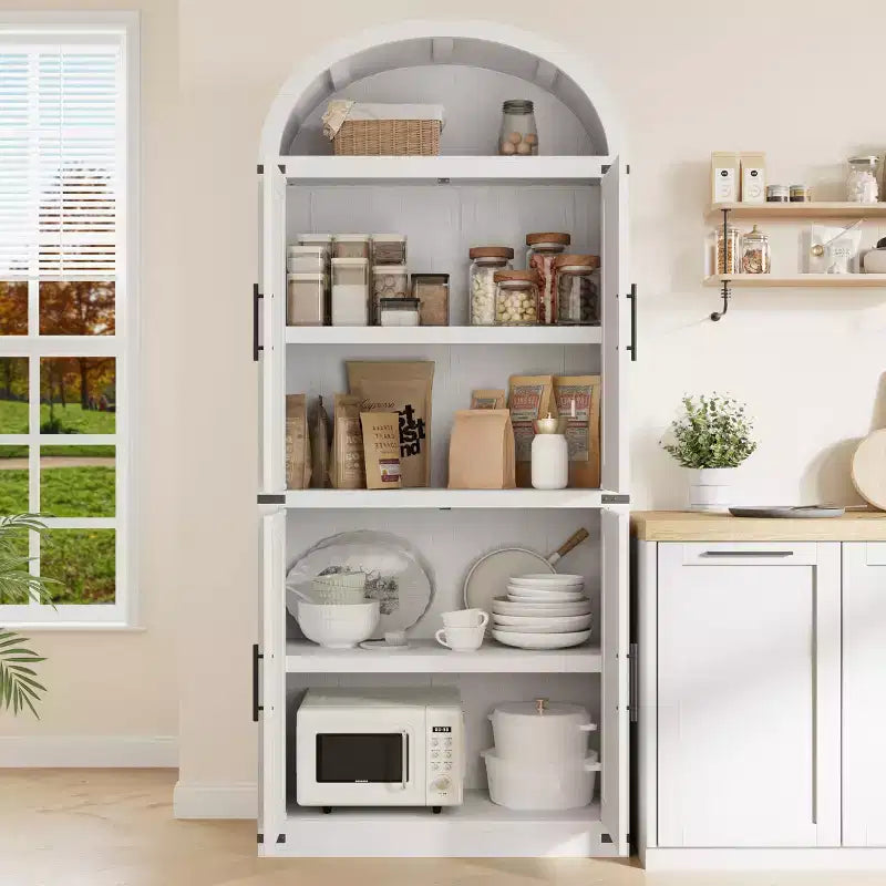 Grand meuble de garde-manger de cuisine arqué de 71", Armoire de rangement autonome, Vitrine en bois à 5 niveaux, Bibliothèque polyvalente, Porte en verre noir
